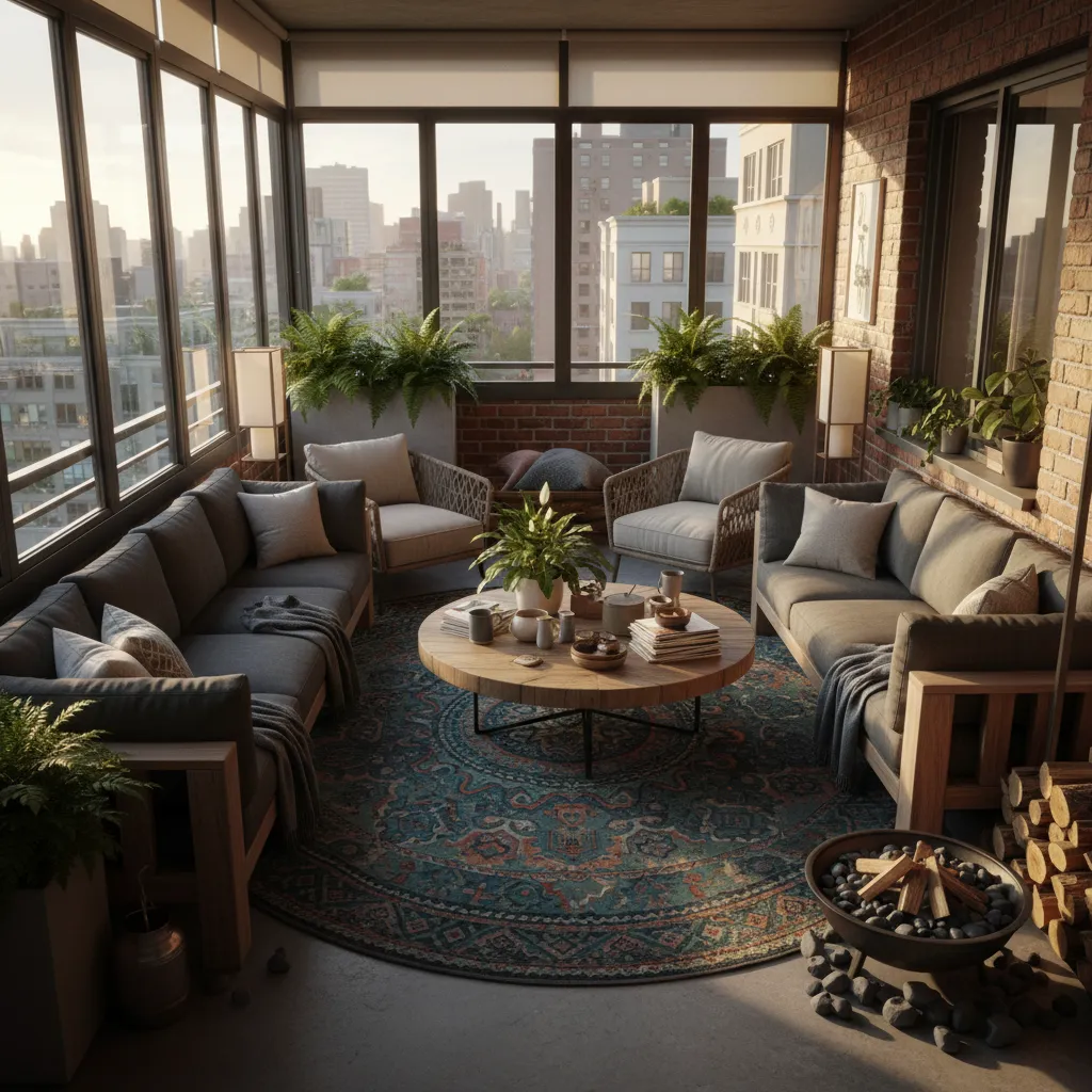 Terraza interior sobrecargada con muebles demasiado grandes