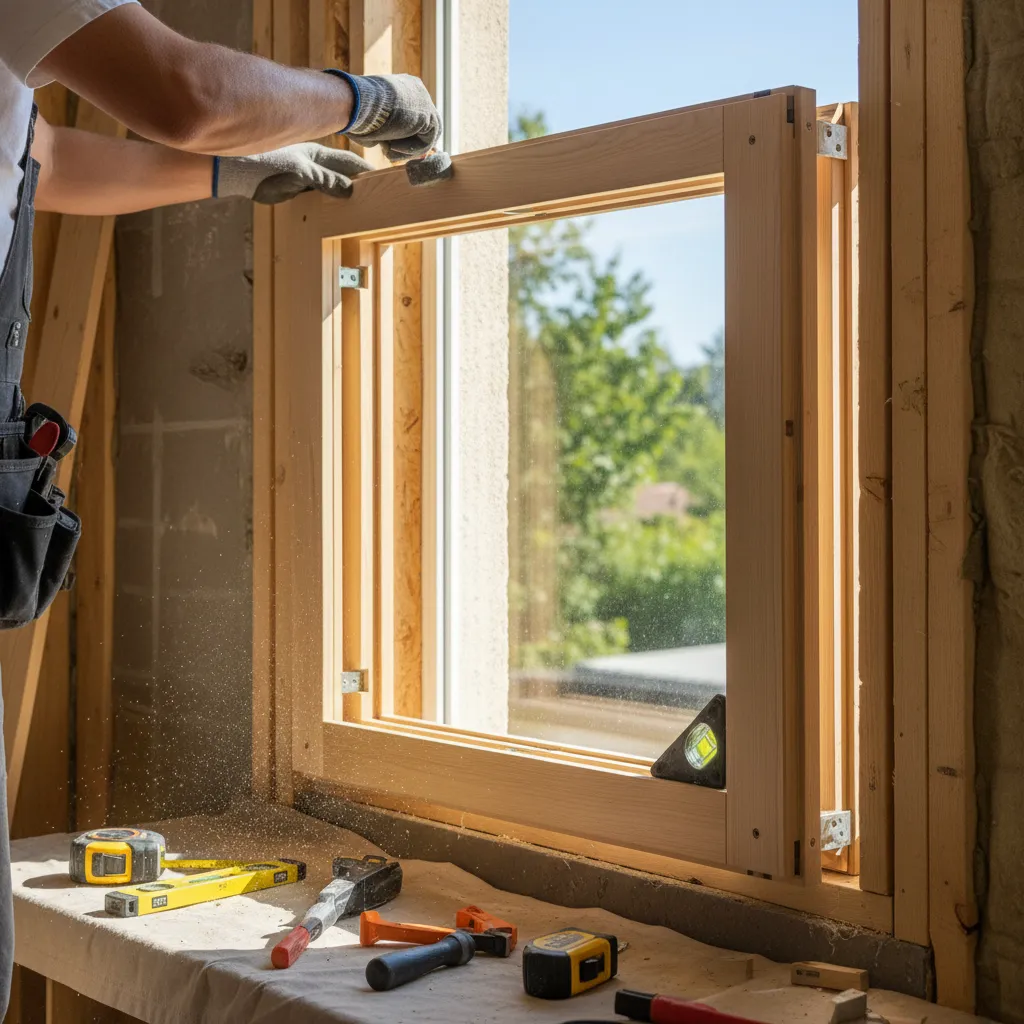 Instalación de ventana de madera en una casa