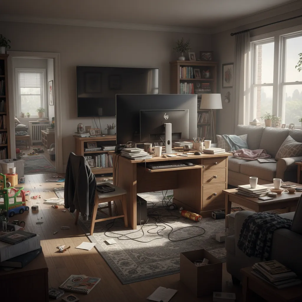 Messy living room with wooden desk, monitor, tangled wires, scattered toys, sofa, and coffee table