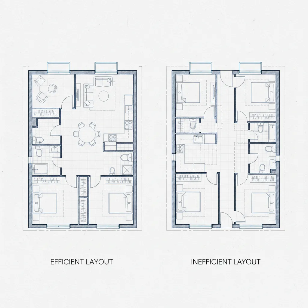 comparação entre planta eficiente e planta com corredor longo em casa pequena