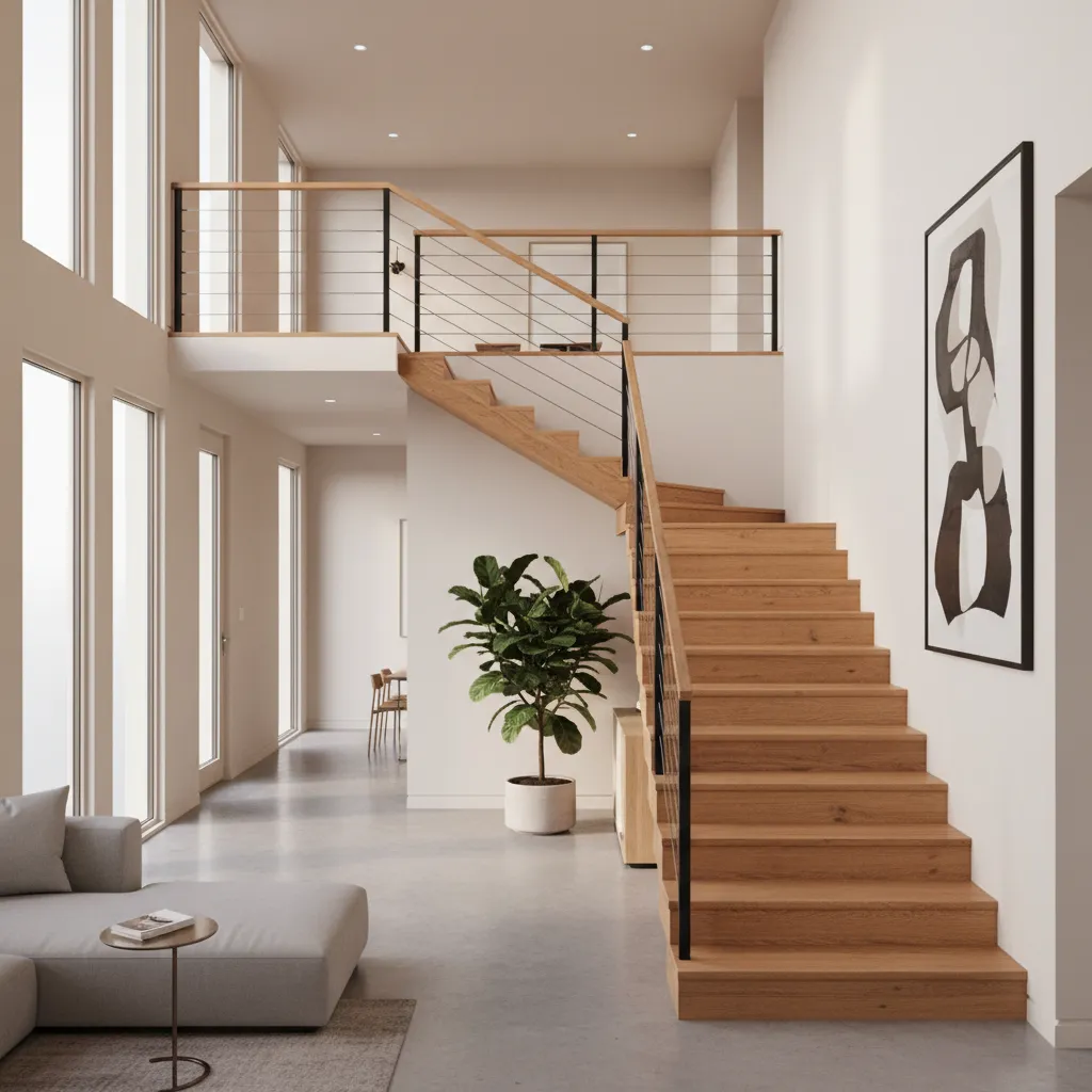 escada central em planta de casa com dois pavimentos