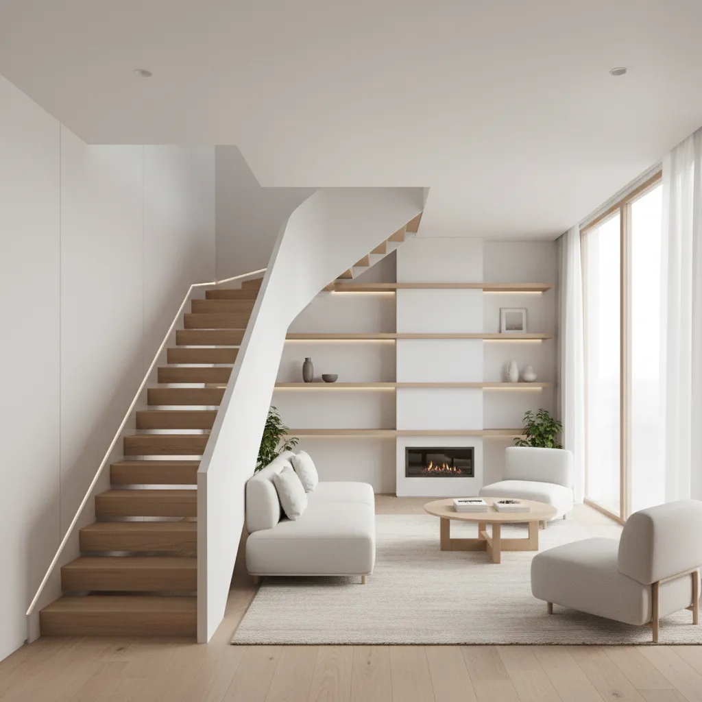 escada compacta em casa estreita integrada ao ambiente