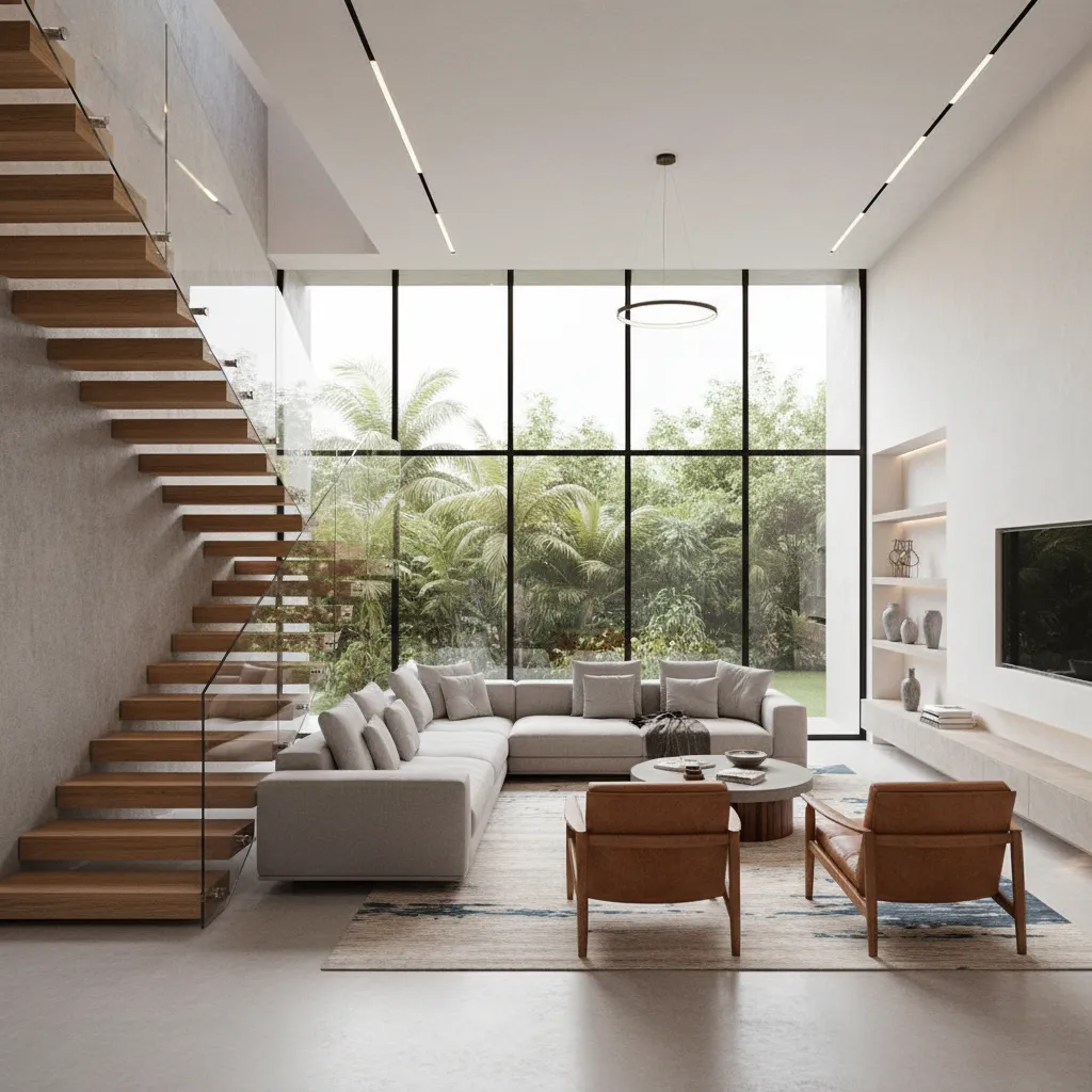 escada interna moderna integrada à sala de estar