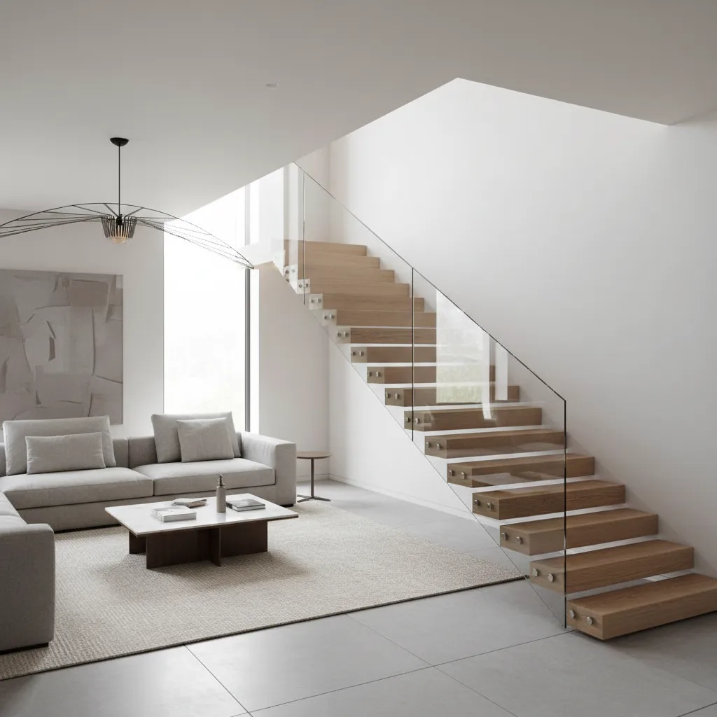 escada moderna com guarda-corpo de vidro em sala contemporânea