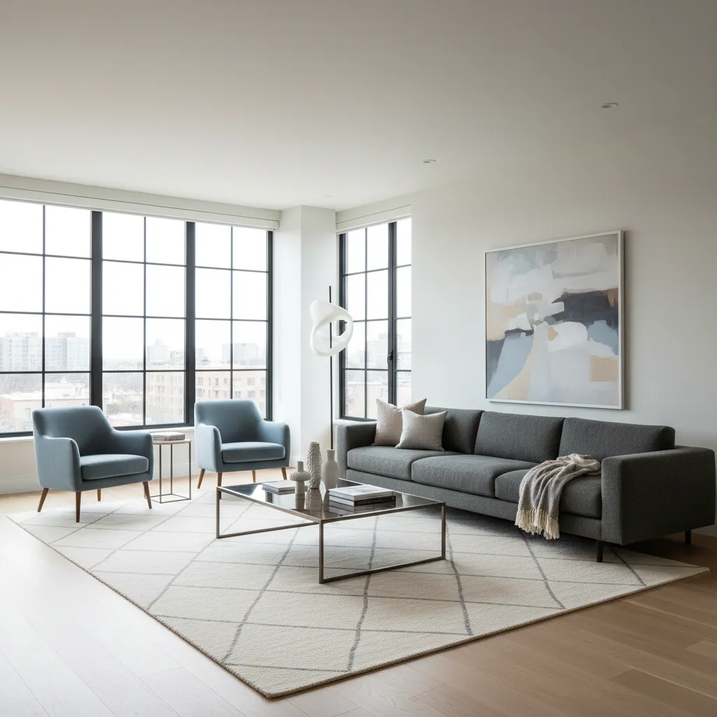 Modern living room with grey sofa, two blue chairs, glass table, rug, and large windows