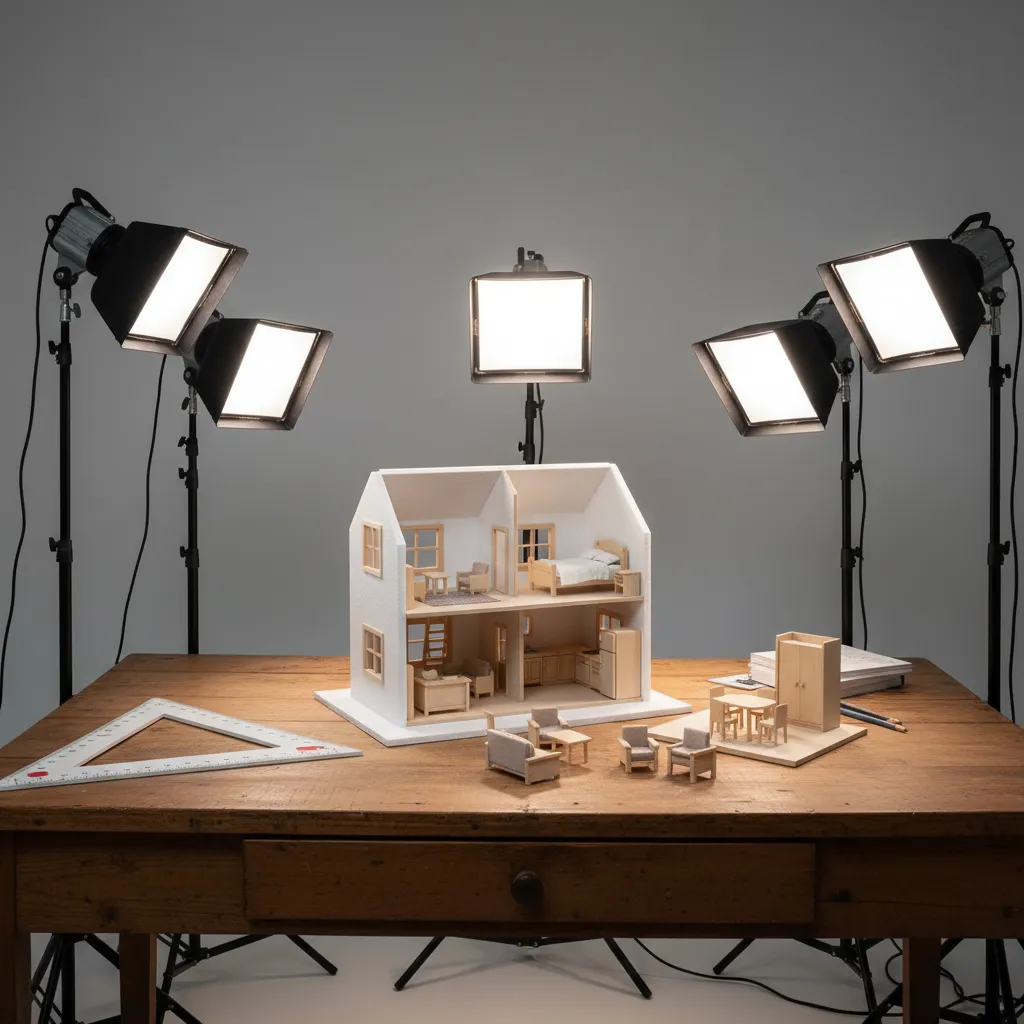 Regla de escala arquitectónica junto a maqueta de vivienda