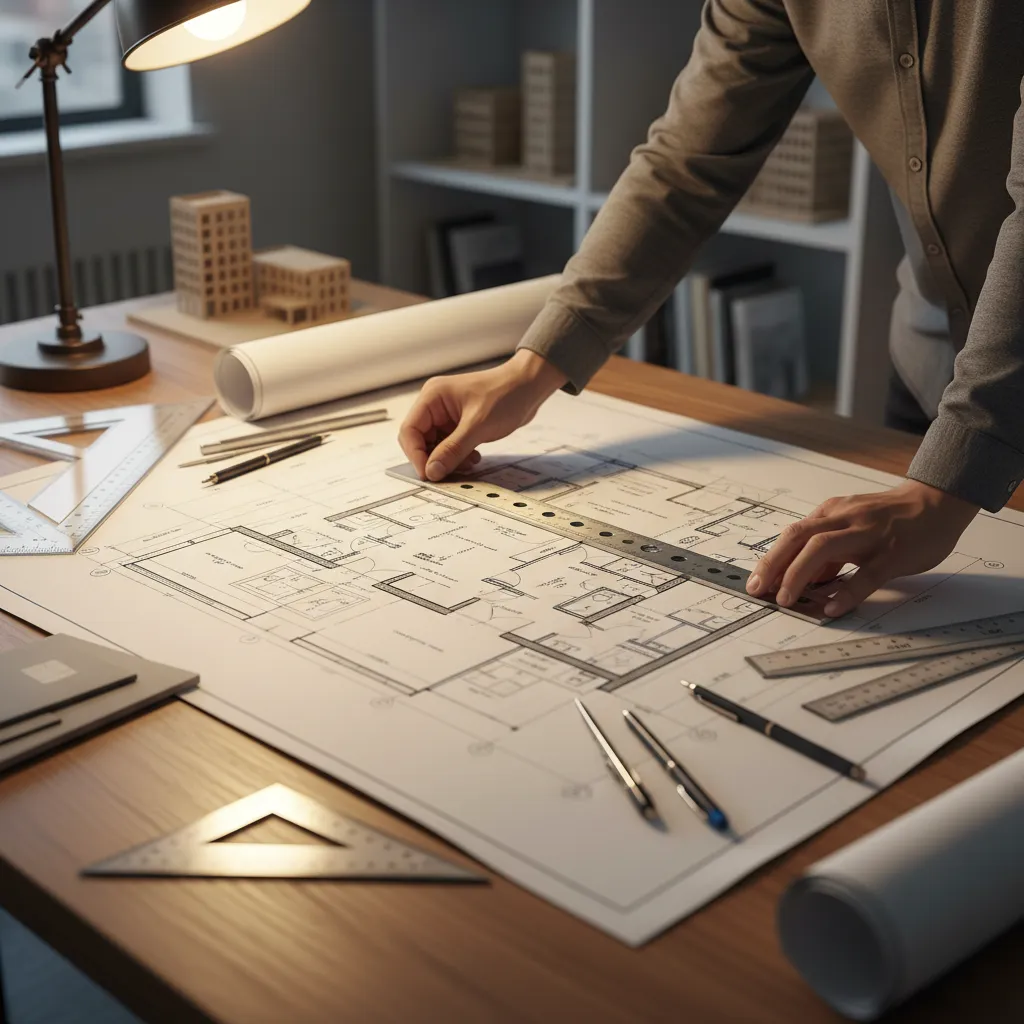 Detalle de regla y escala arquitectónica sobre plano de vivienda