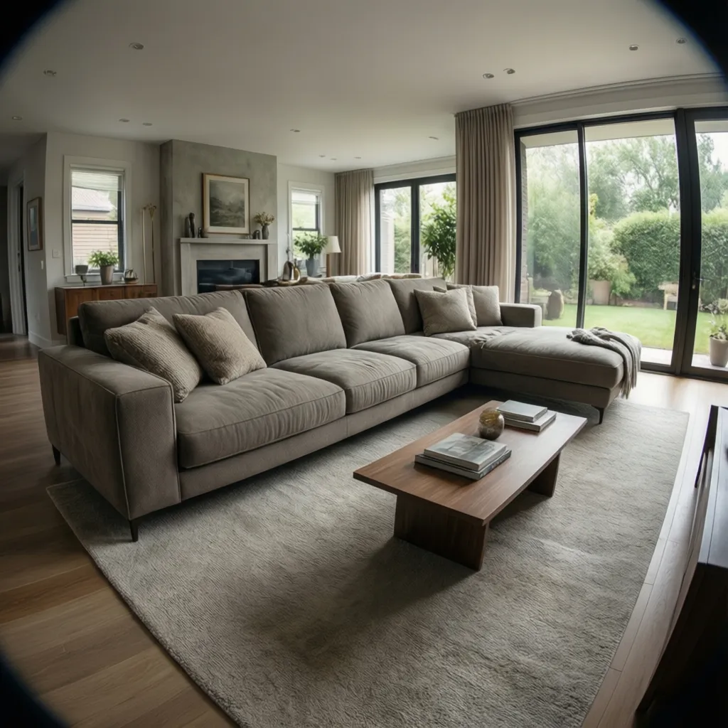 Large brown sofa and wooden coffee table on a grey rug in a bright room