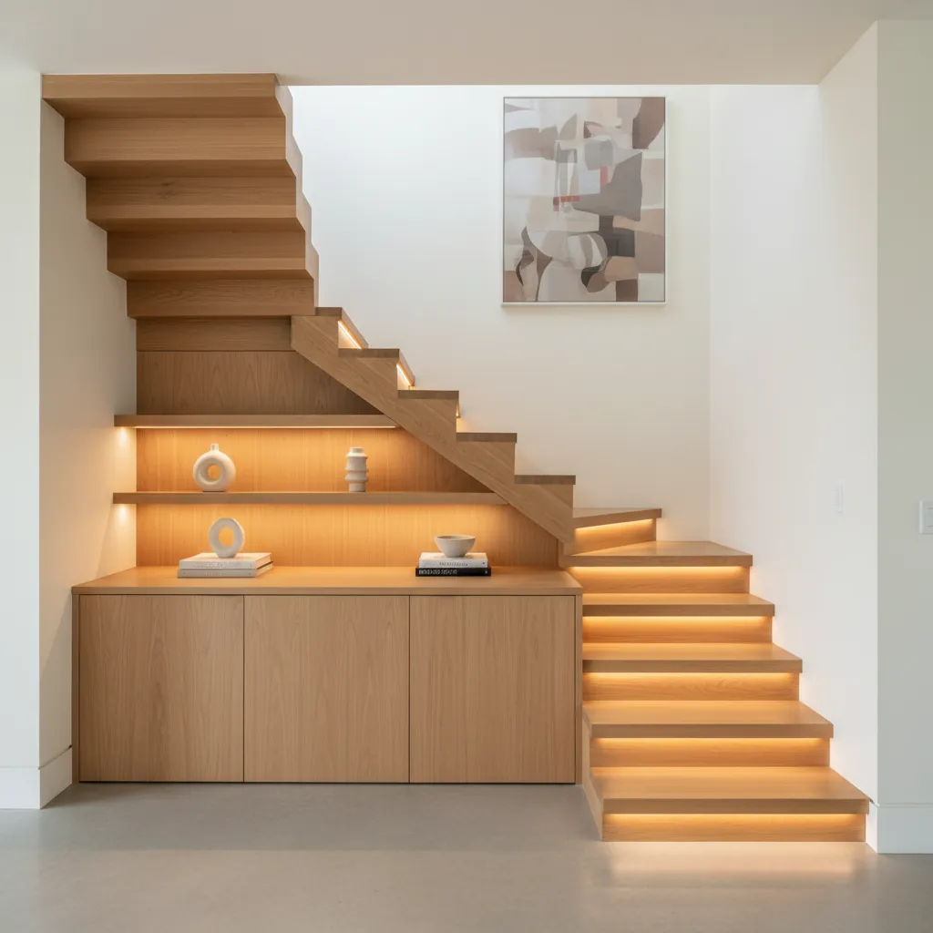 Modern wooden staircase with storage cabinet and warm light fixtures highlighting the natural wooden steps