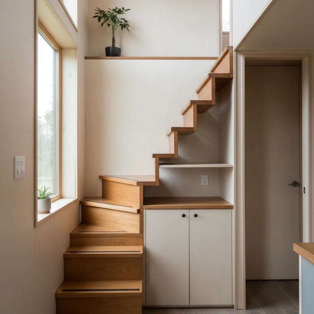 Escalera alternada de madera diseñada para ahorrar espacio en una tiny house