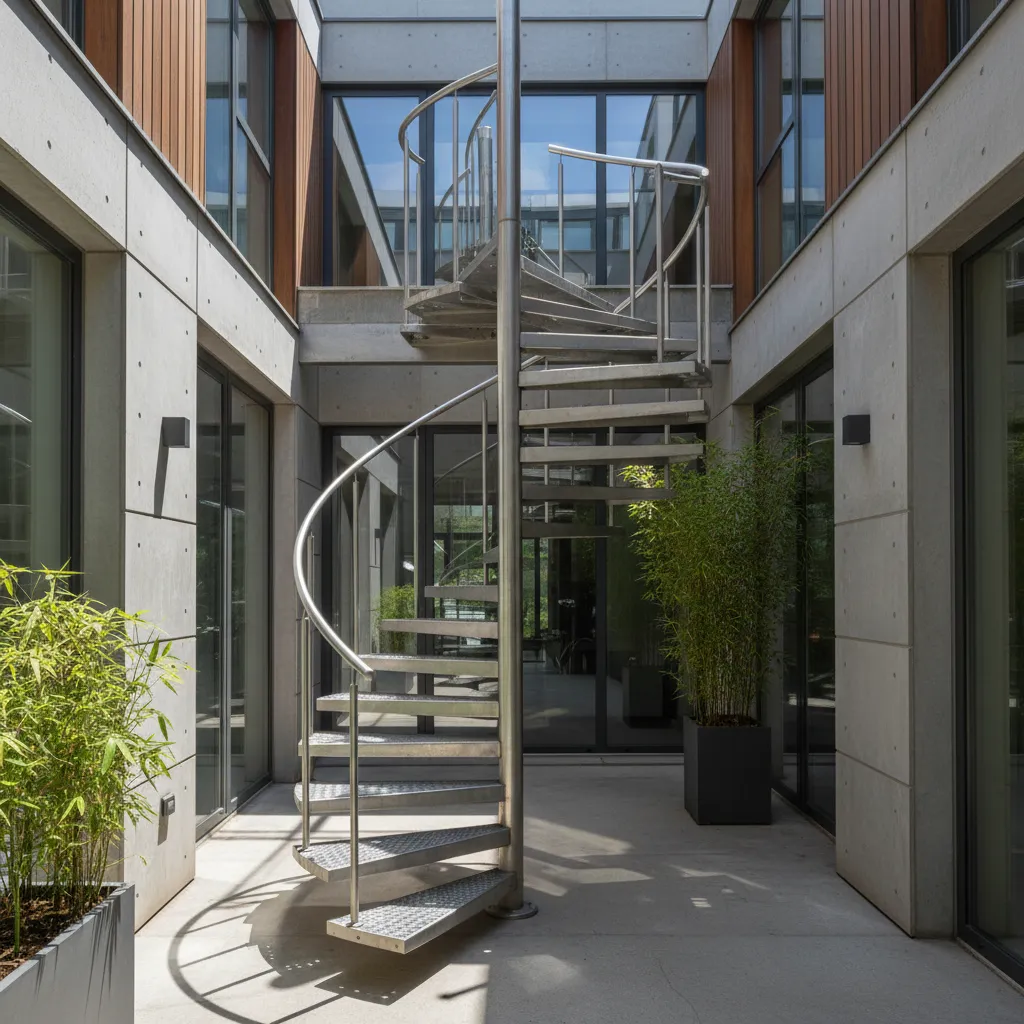 Metal spiral staircase in an outdoor courtyard with concrete walls glass windows and green plants