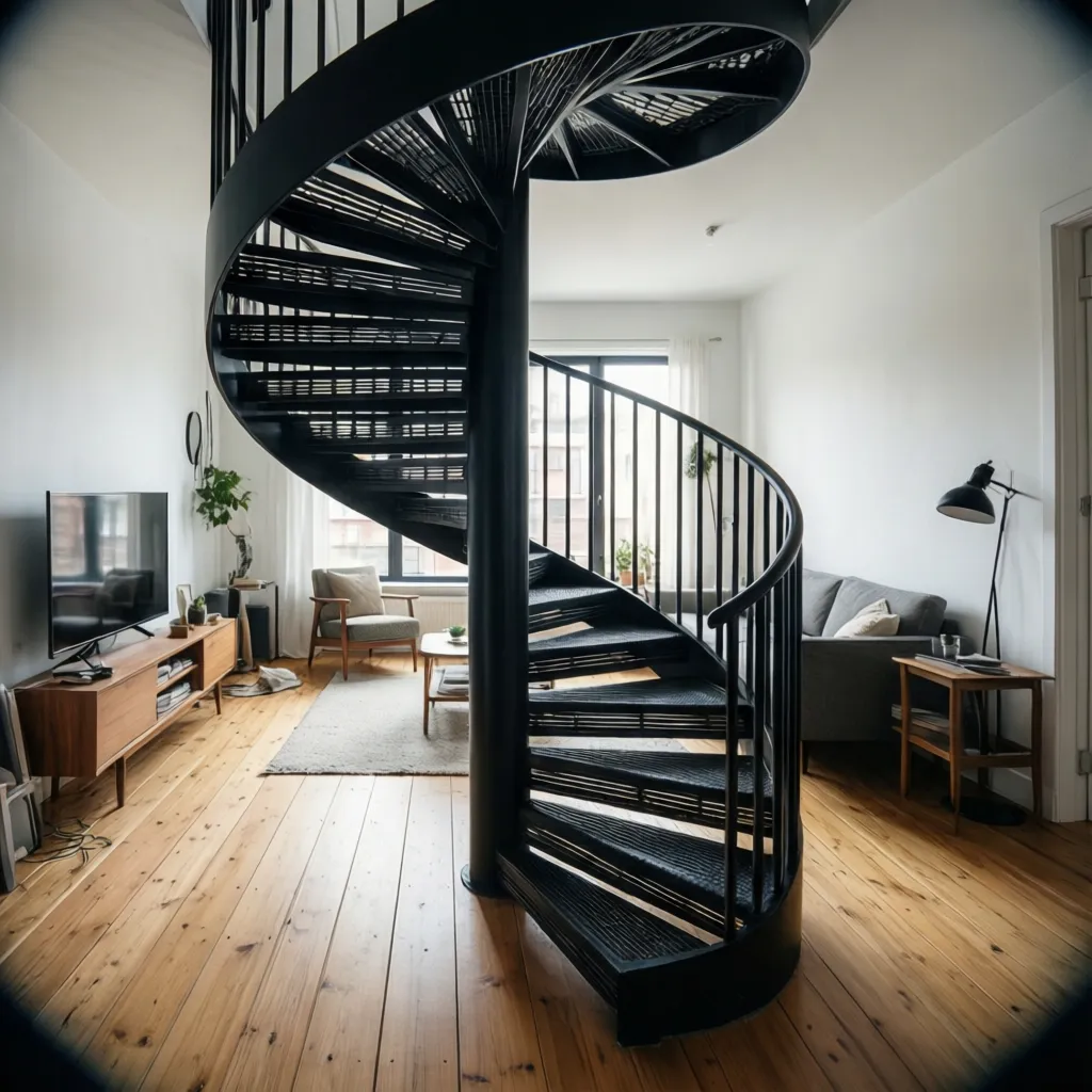 Escalera de caracol moderna en un apartamento pequeño