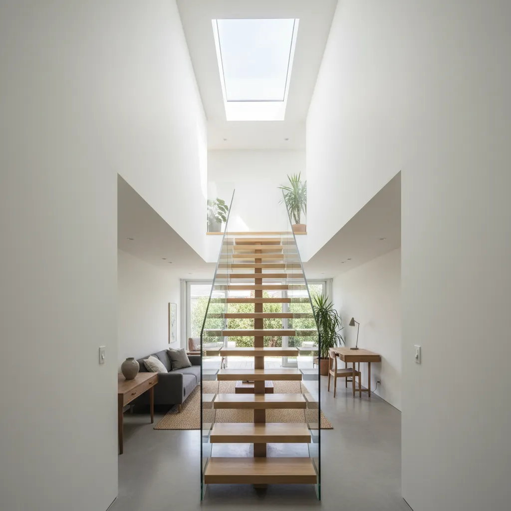 Escalera moderna integrada en el diseño interior de una casa 10x20