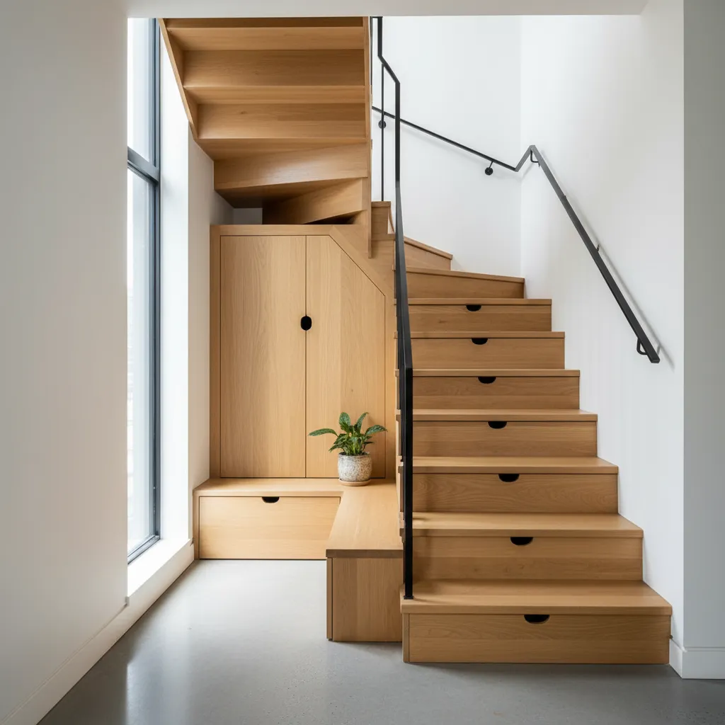 Escalera moderna compacta en casa adosada con almacenamiento inferior