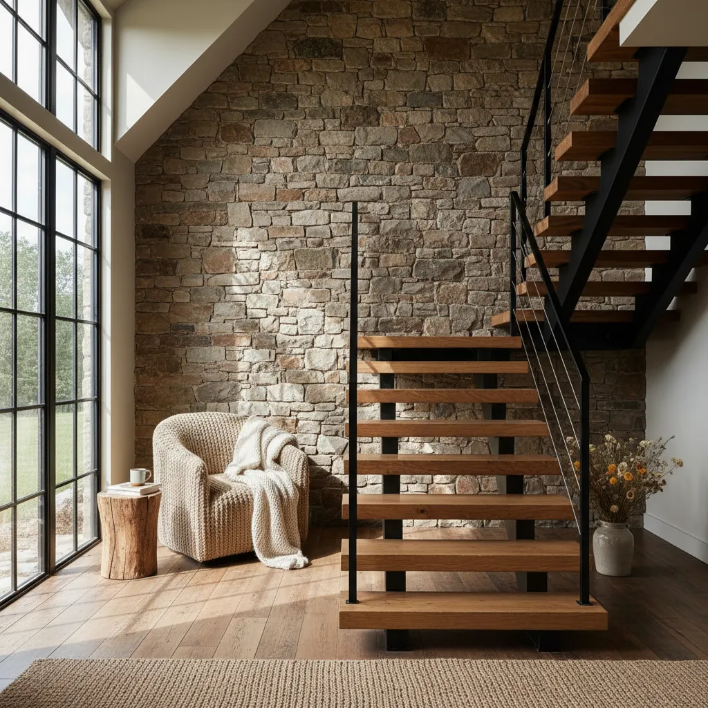 Escalera interior de madera en casa rural moderna