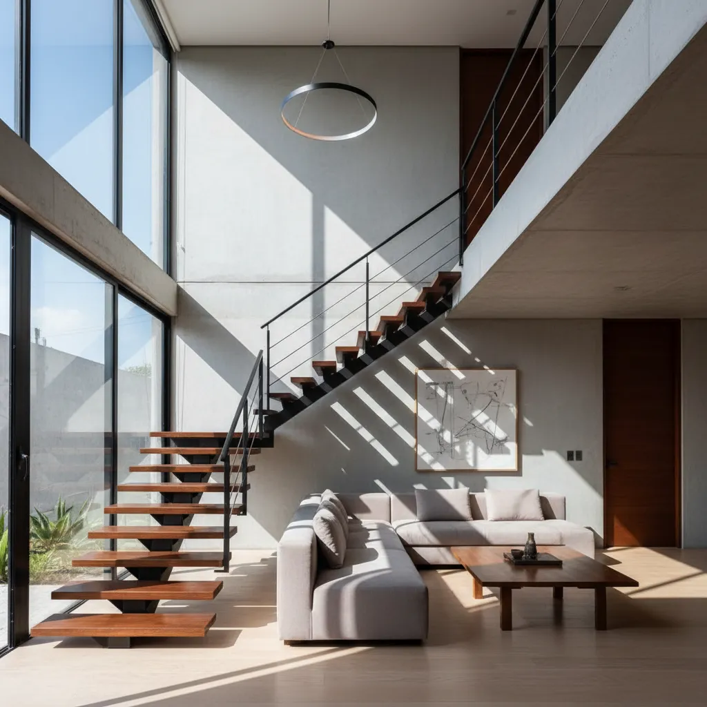 Escalera moderna dentro de una casa mexicana de dos pisos