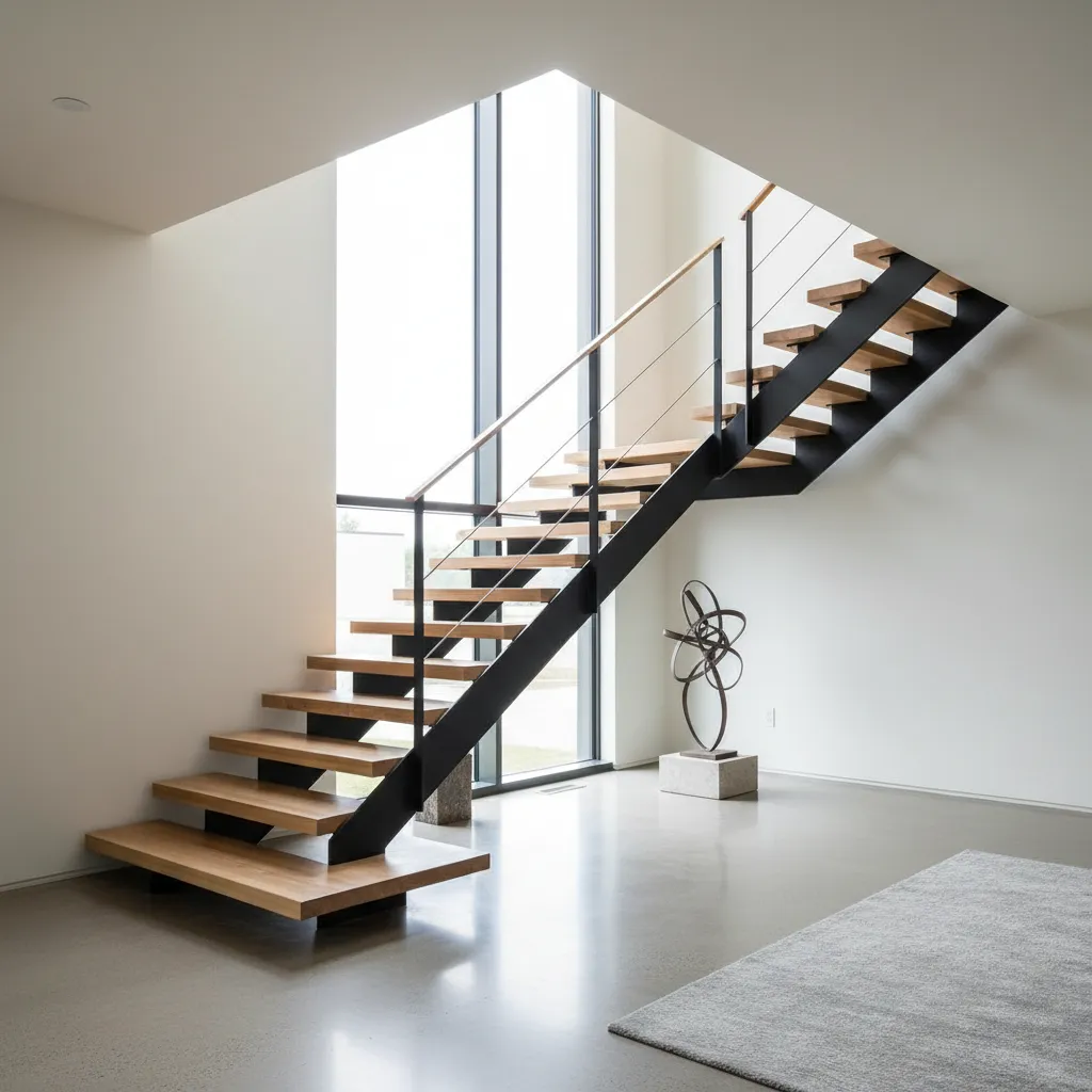 Modern wooden staircase with black metal frame and large window in a bright white room