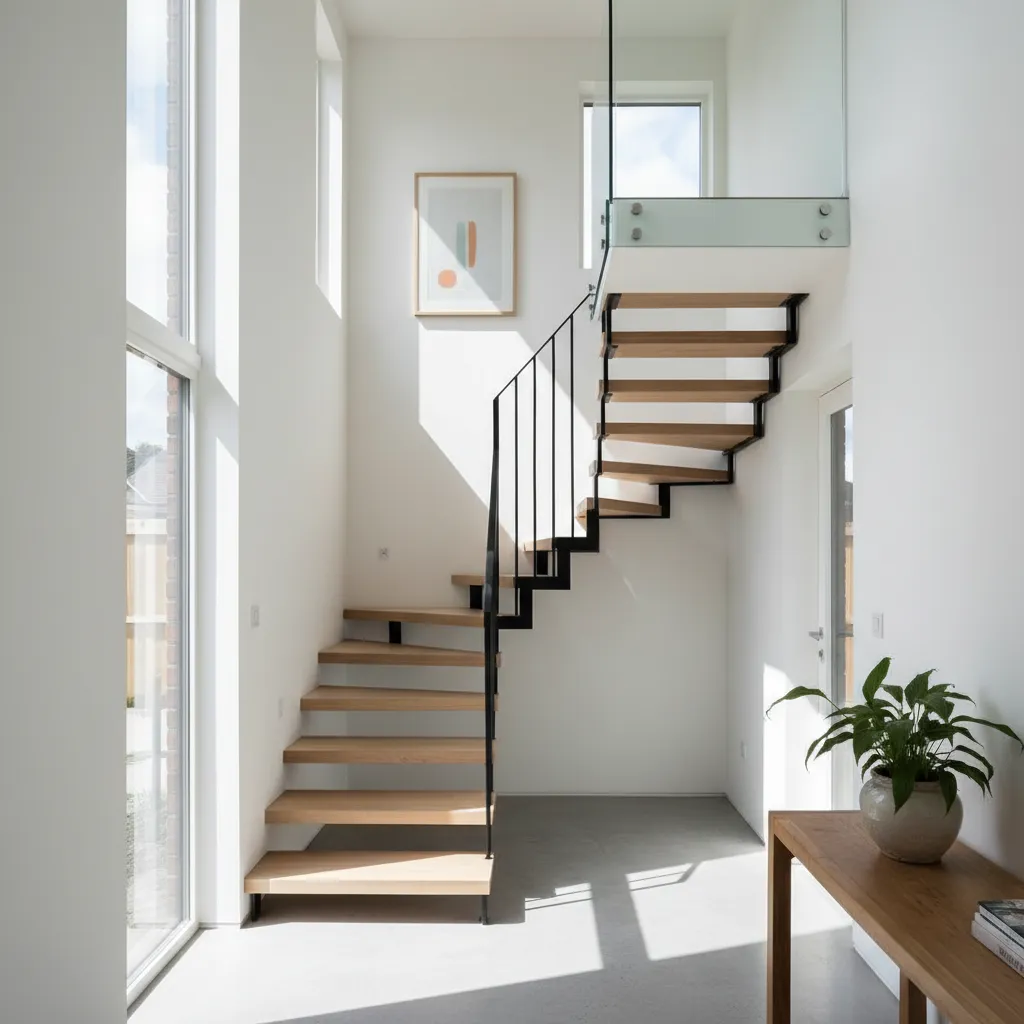 Escalera moderna compacta en casa de dos pisos