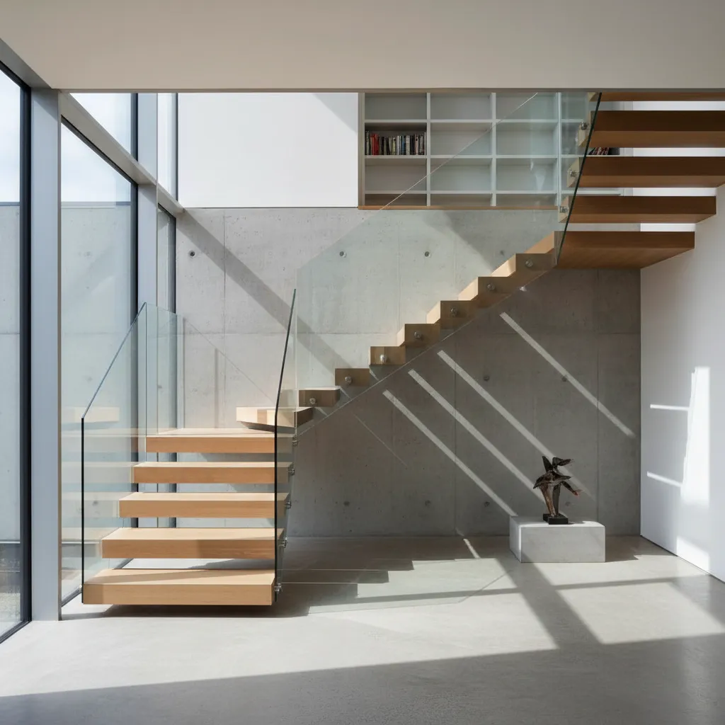Modern wooden stairs with glass railings and concrete wall design with bright natural sunlight indoors
