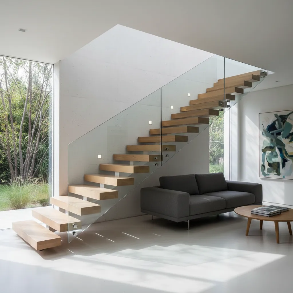 Escalera moderna conectando planta baja y segundo piso