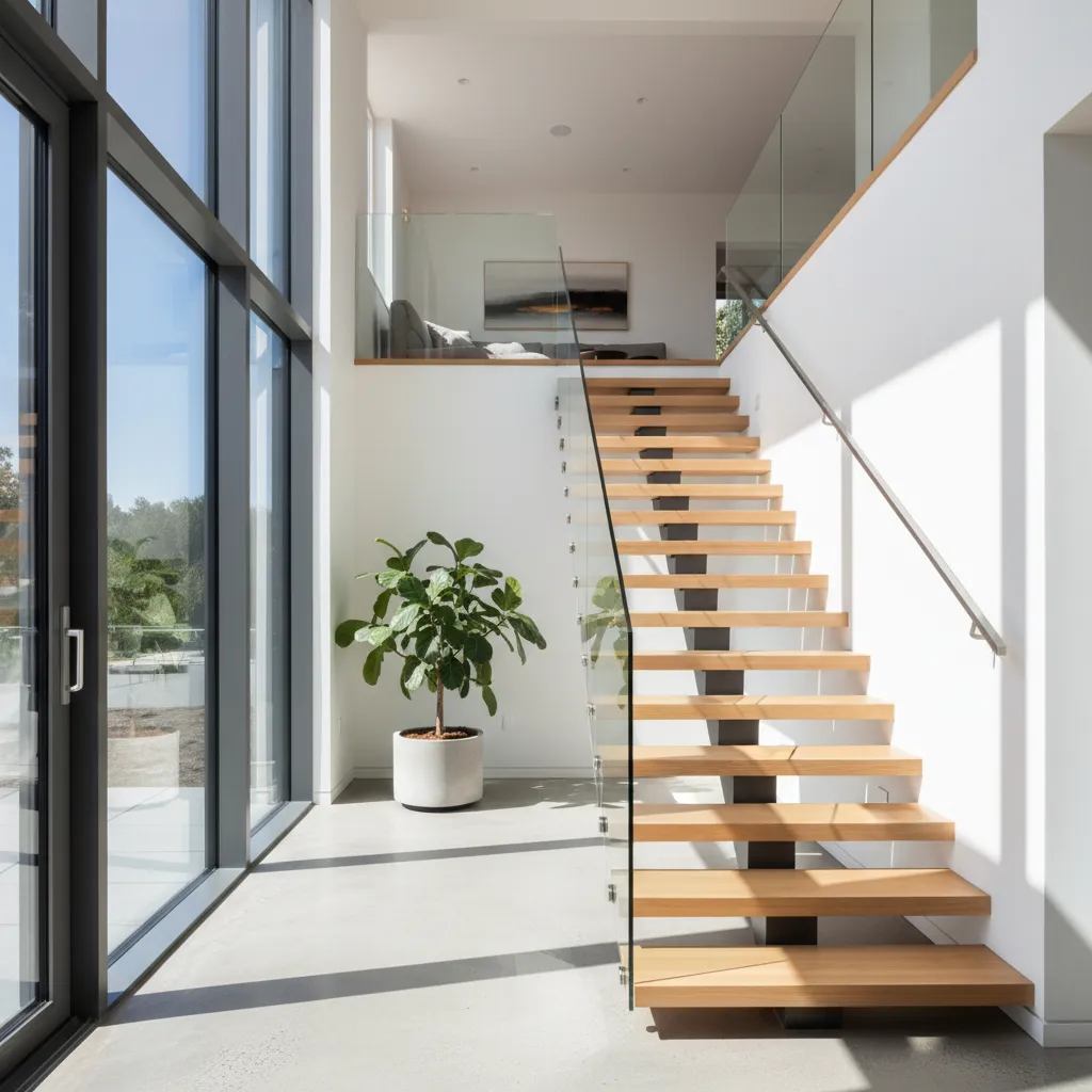 Escalera interior moderna conectando dos niveles de una casa