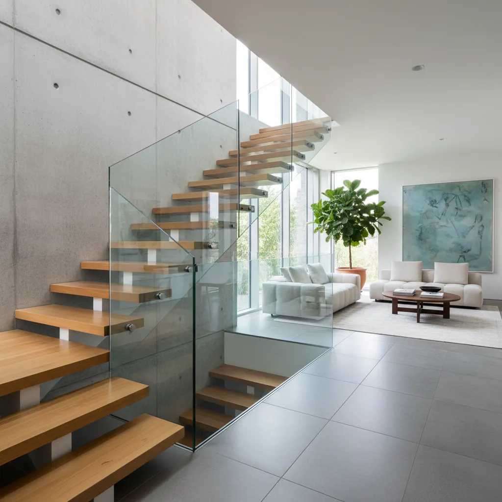 Modern interior with wooden stairs glass railing concrete wall white sofa and large potted plant