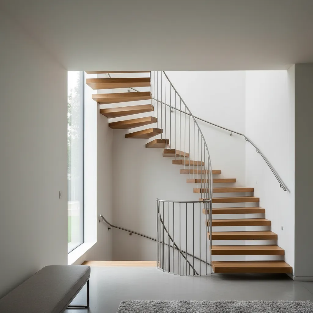Curved wooden staircase with metal handrails in a bright white room near a large window
