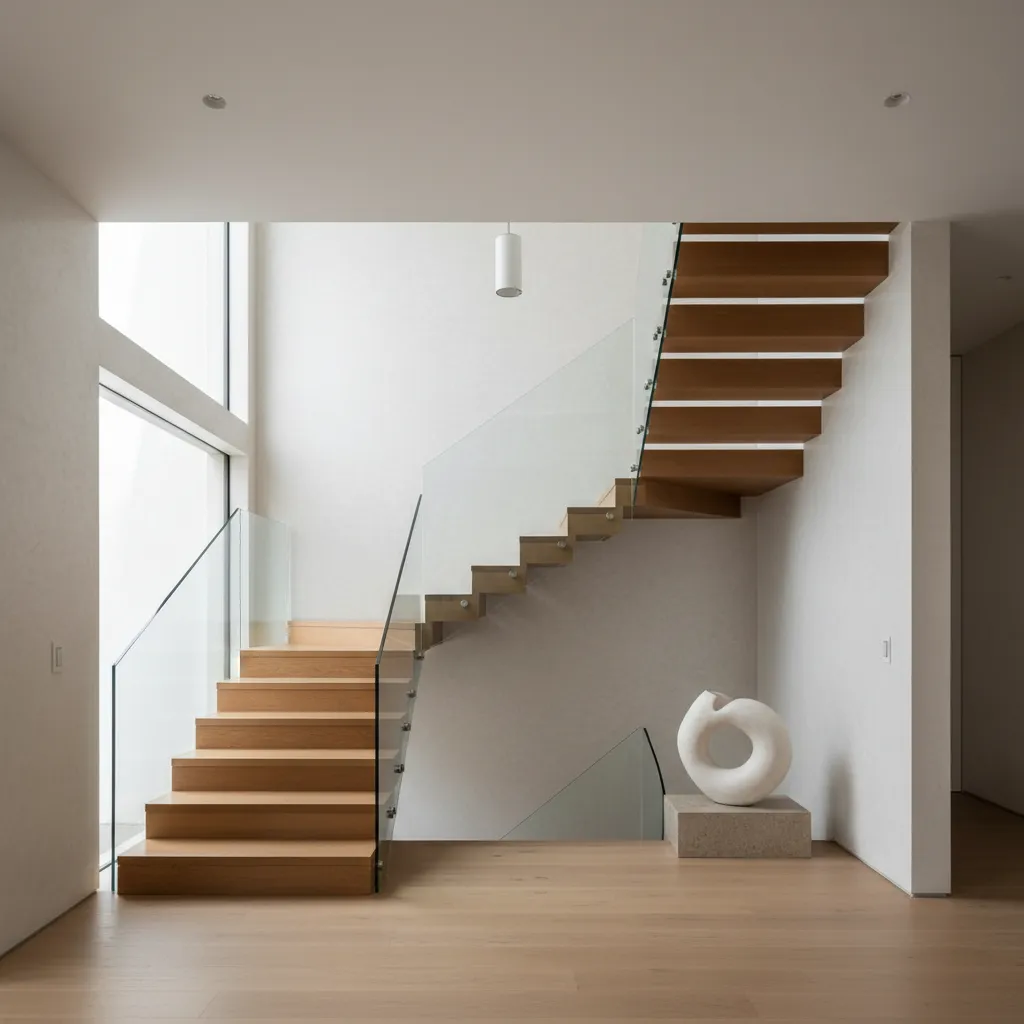 Modern wooden stairs with glass railings in a bright room with white walls and flooring