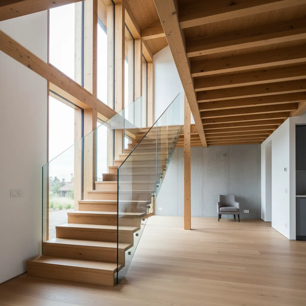 Escalera interior moderna en casa de madera de dos pisos