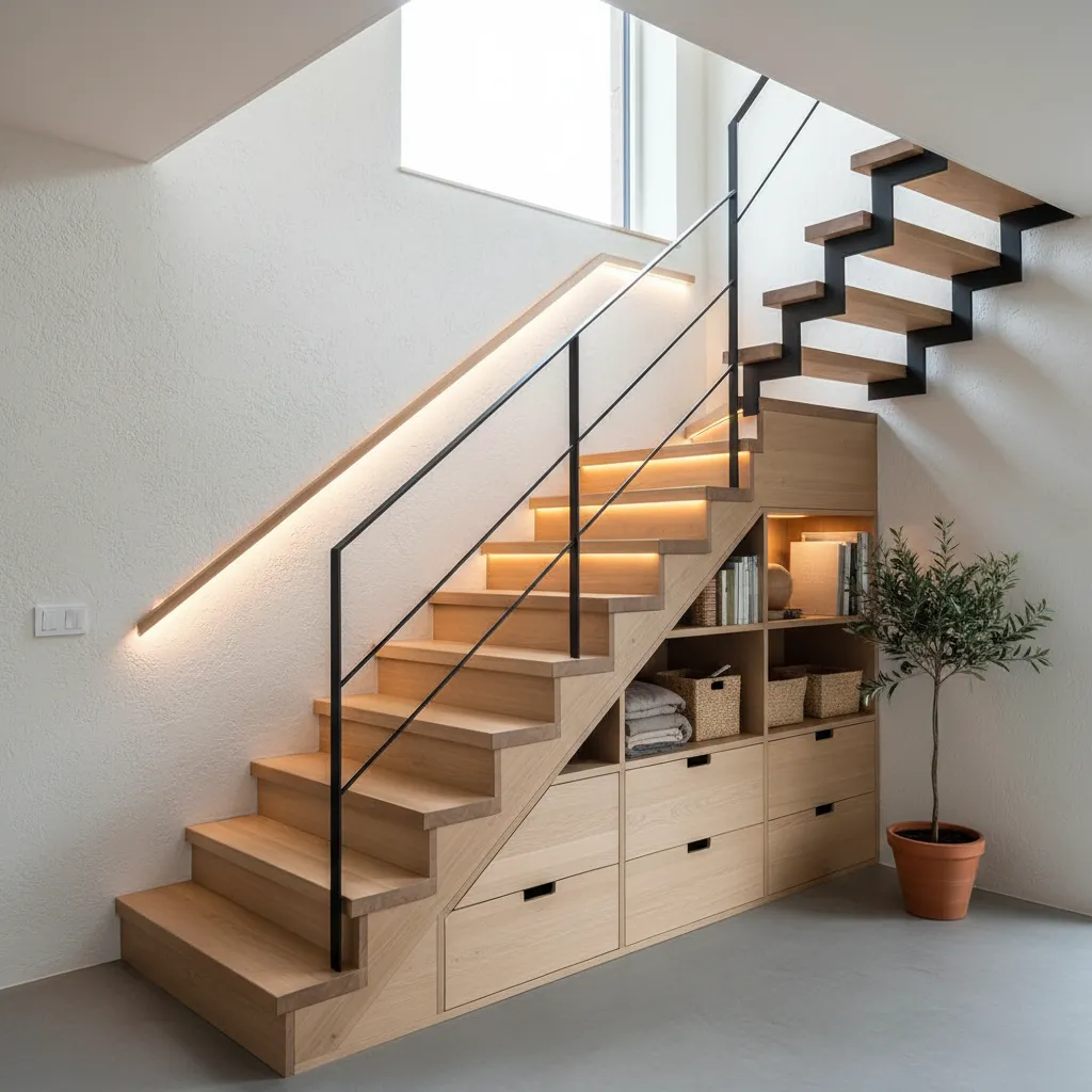 Escalera compacta integrada en casa pequeña