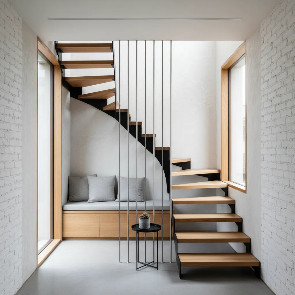Escalera moderna compacta en casa de dos plantas