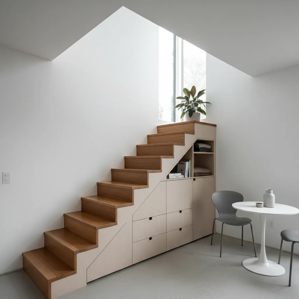 Escalera compacta integrada en el diseño de una casa pequeña
