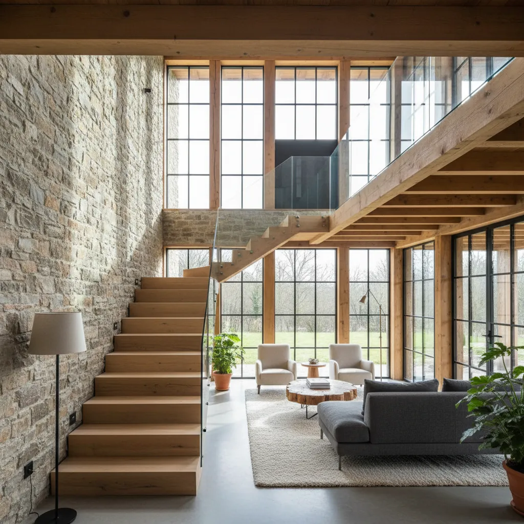 Escalera de madera en una casa de campo moderna con doble altura