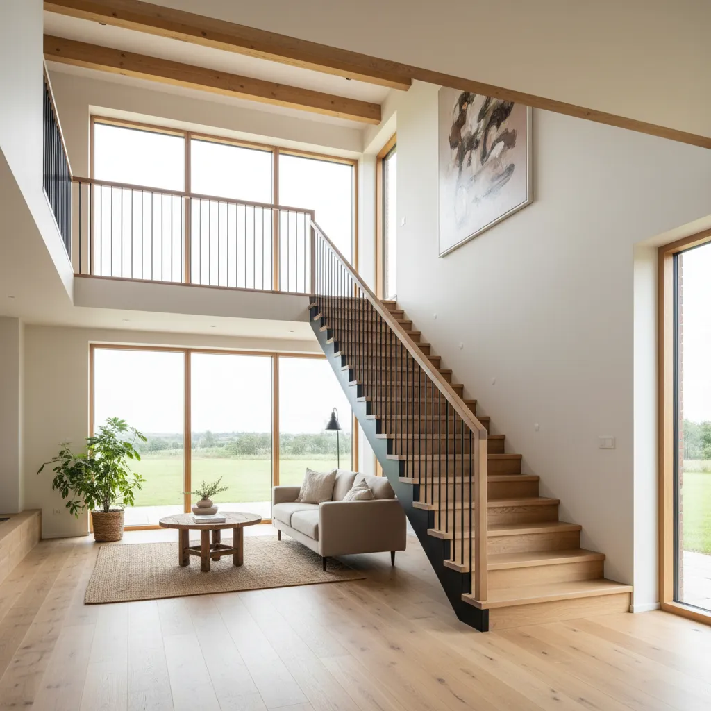 Escalera central moderna en una casa rural de dos pisos