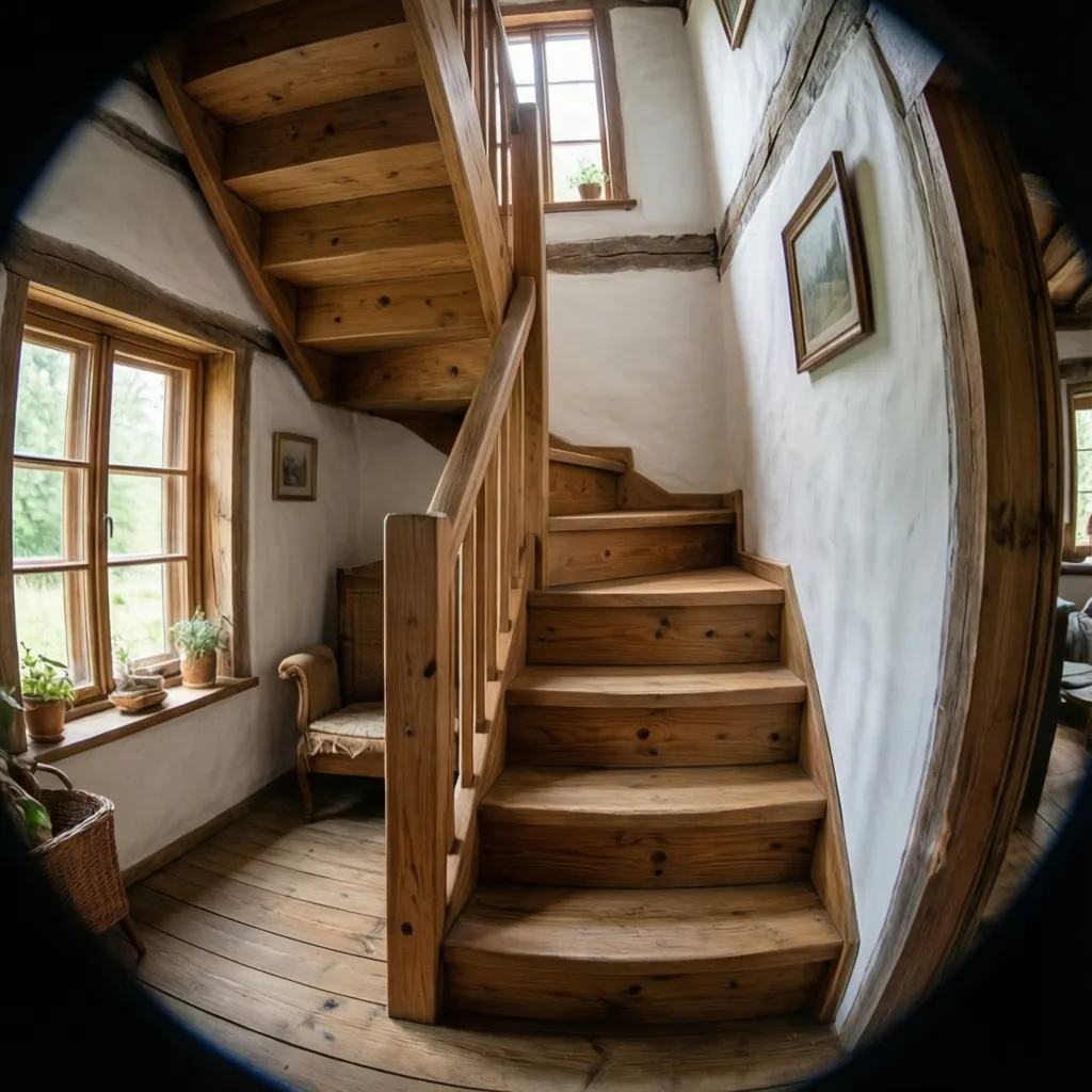 Escalera compacta de madera en casa rústica pequeña