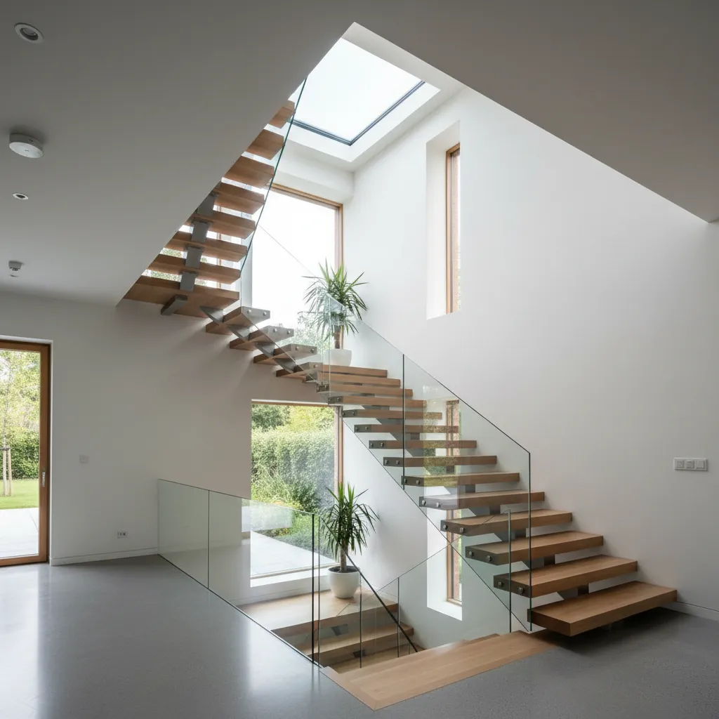 Escalera moderna conectando tres niveles en una casa contemporánea