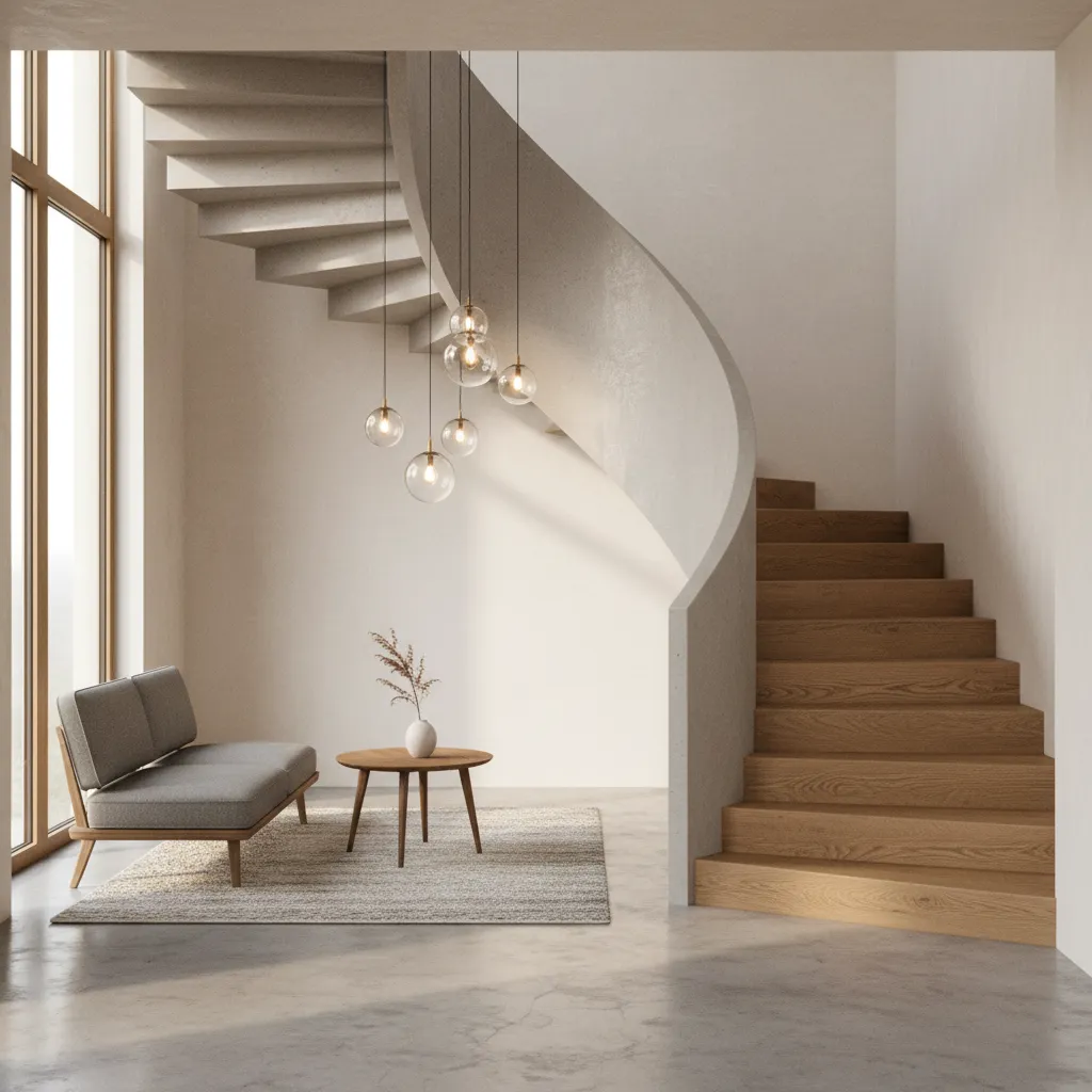 Escalera de cemento revestida con peldaños de madera natural