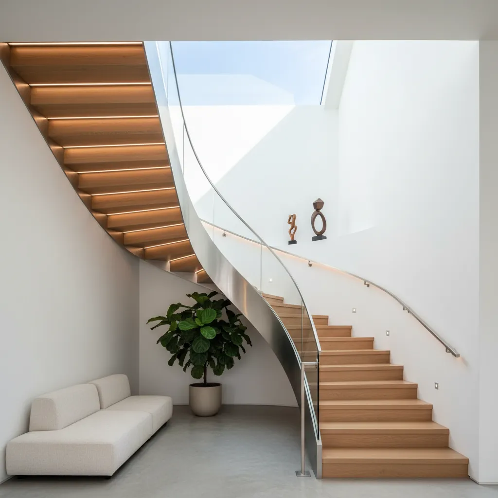 Escalera central moderna con iluminación natural en casa de tres pisos