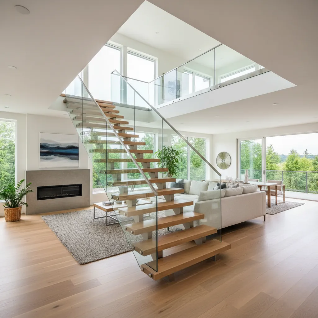 Escalera moderna en el centro de una casa de dos pisos