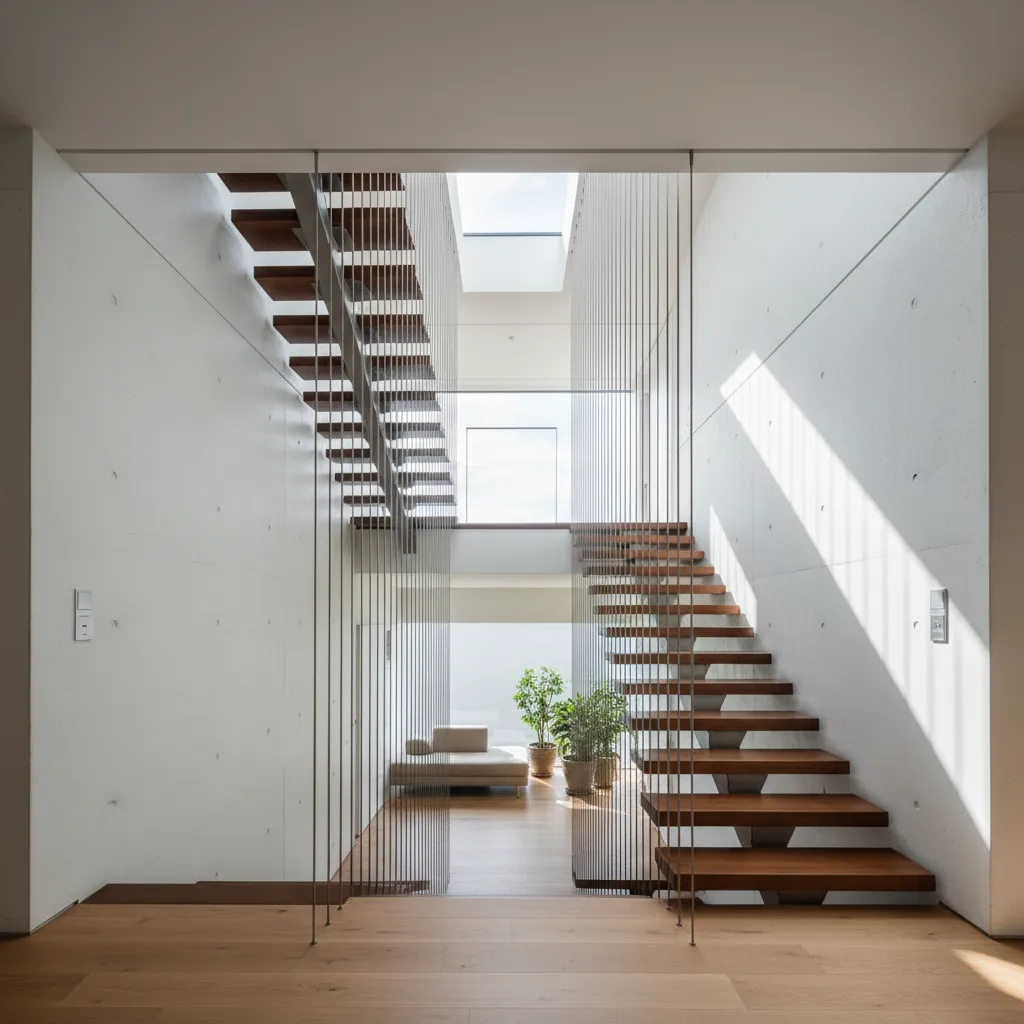 Escalera moderna conectando tres niveles dentro de una casa