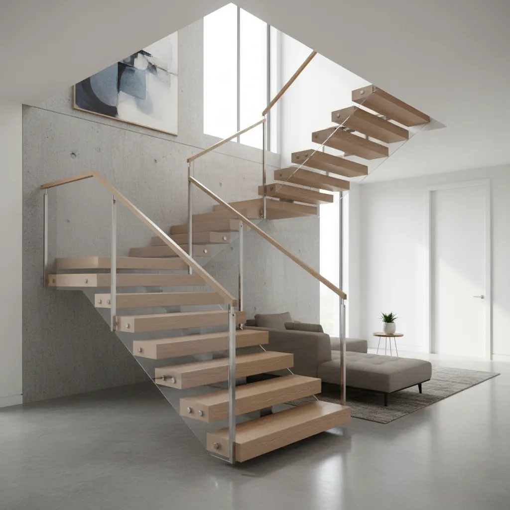 Escalera central conectando planta baja y segunda planta en casa moderna