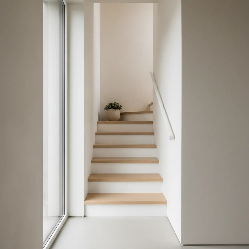 Escalera interior con tonos claros que amplían visualmente el espacio