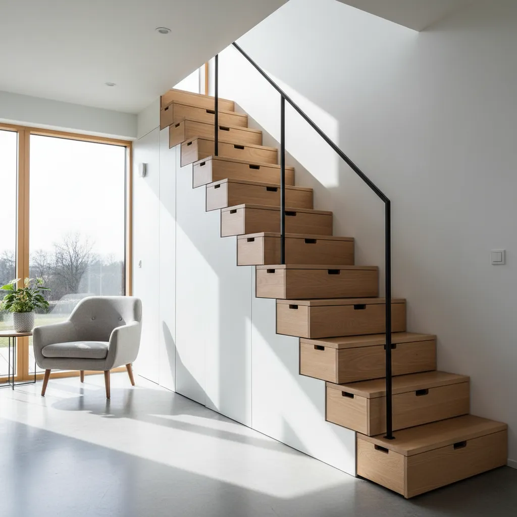 Wooden staircase with storage drawers under each step beside a gray sofa and white wall