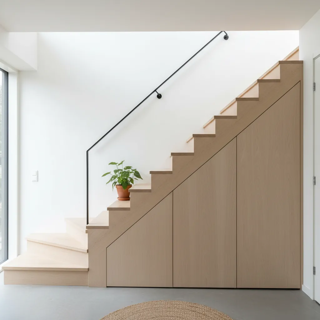 Escalera compacta en una casa pequeña con almacenamiento inferior