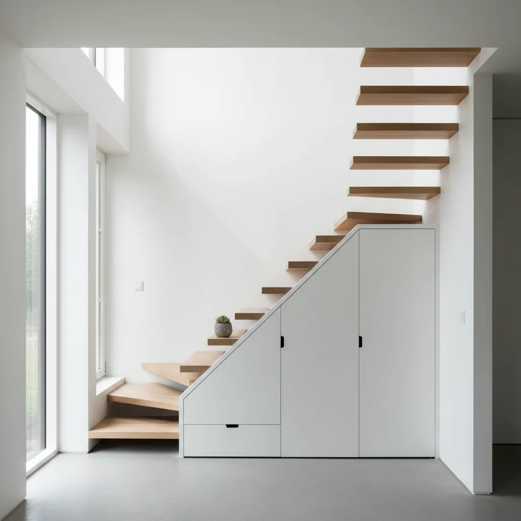 Escalera compacta moderna con almacenamiento debajo