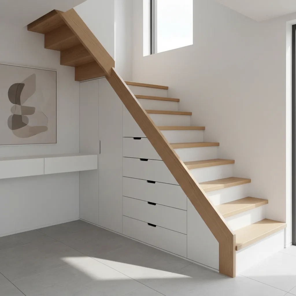 Escalera compacta con almacenamiento integrado en casa pequeña