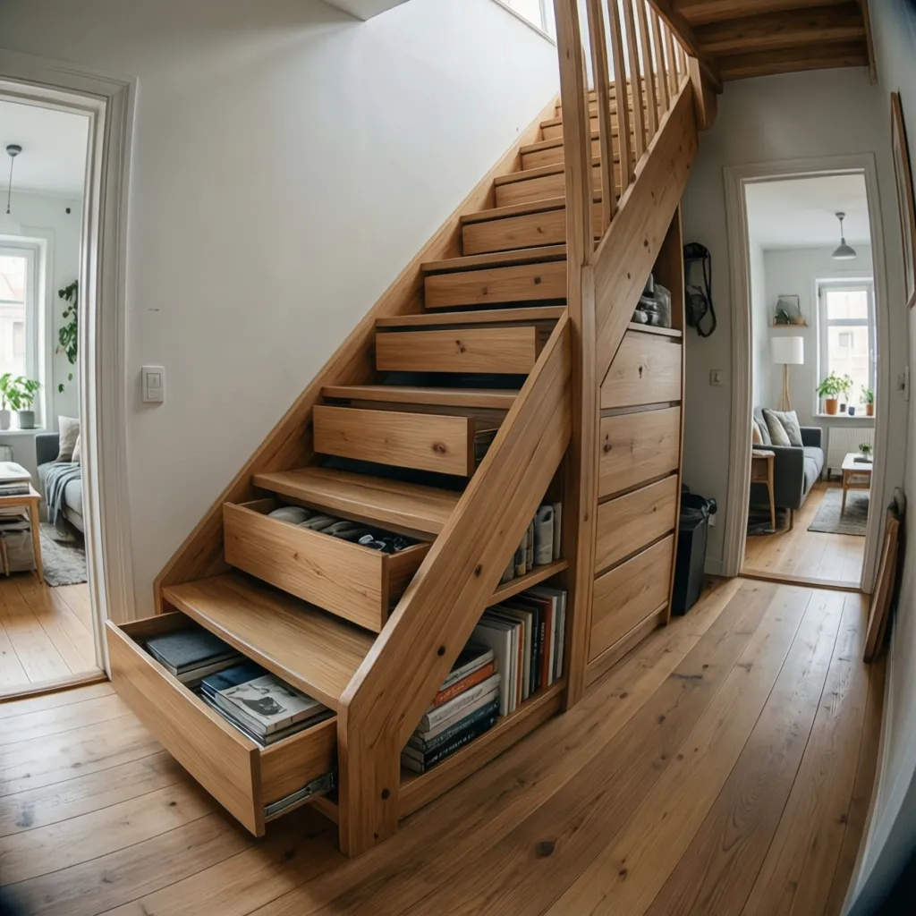 Escalera con cajones integrados en los peldaños para almacenamiento