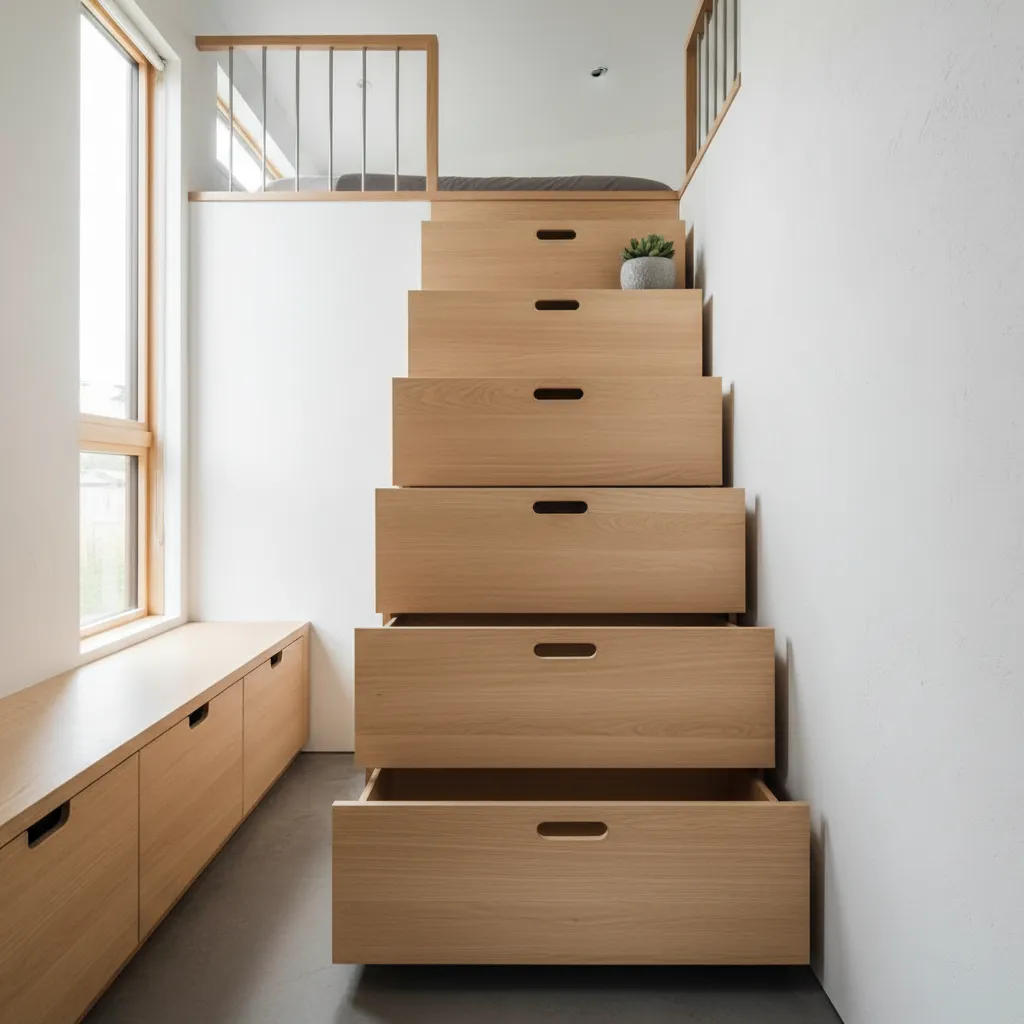 Escalera con cajones integrados en una casa móvil