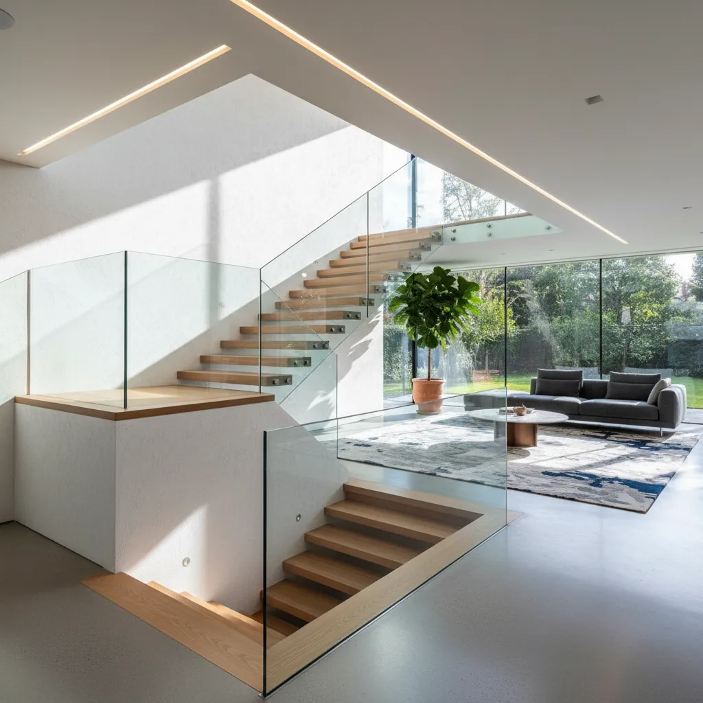 Escalera interior con descanso intermedio en vivienda moderna
