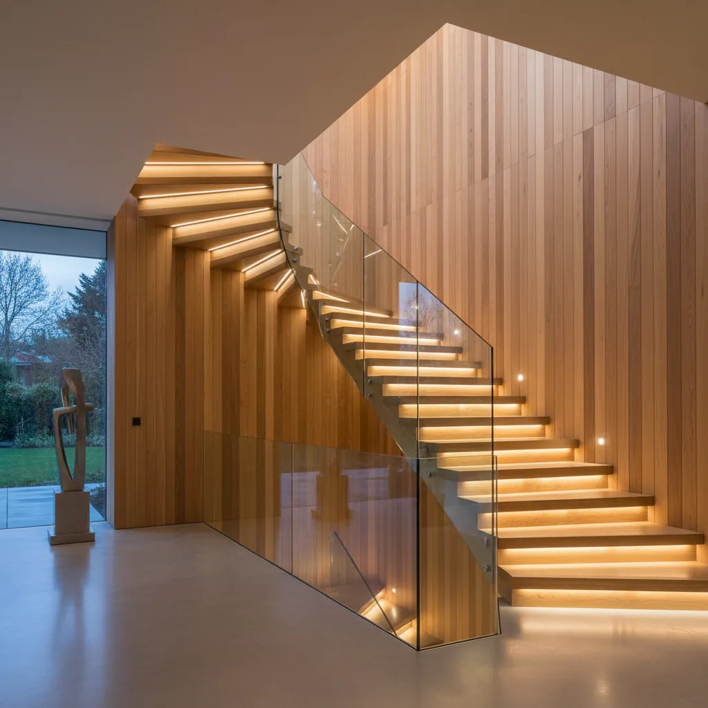 Escalera interior con revestimiento de madera en la pared
